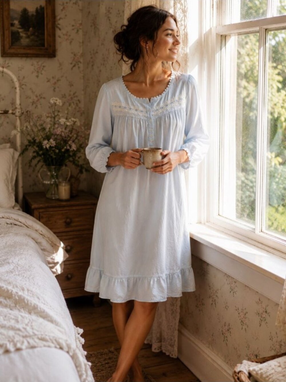 Eileen West Nightgown Blue Cottagecore Lace Trim Prairie Sleep Dress M